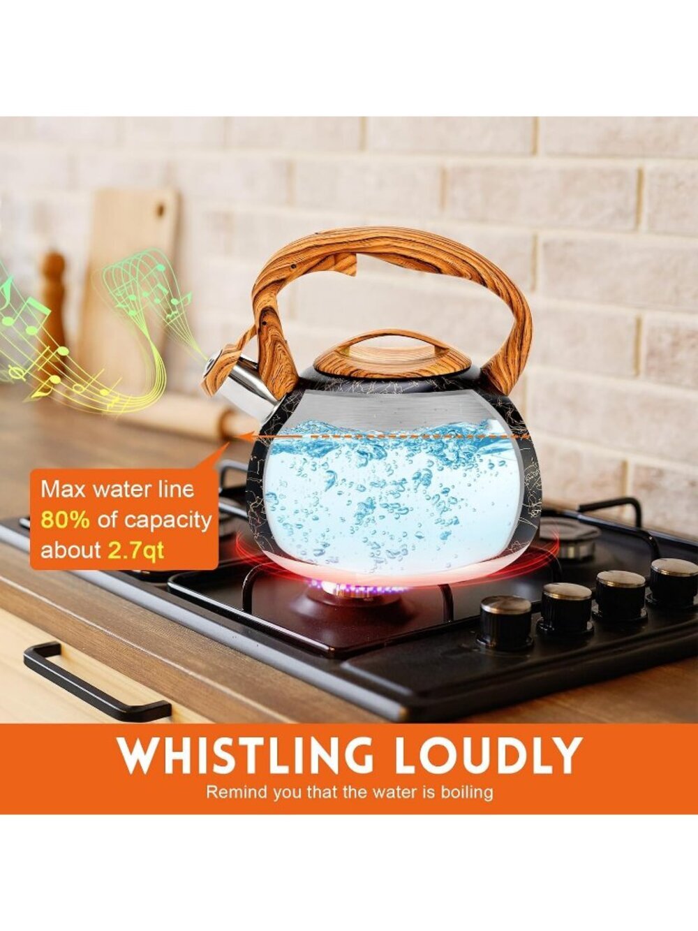 GGC 3.1QT Black Line Stainless Steel Whistling Tea Kettle For Kitchen Stove Top - Picture 4 of 7